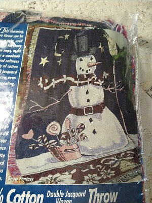 NIP Riverbend Collection Cotton Double Jacquard Woven Tapestry Throw Snowman USA