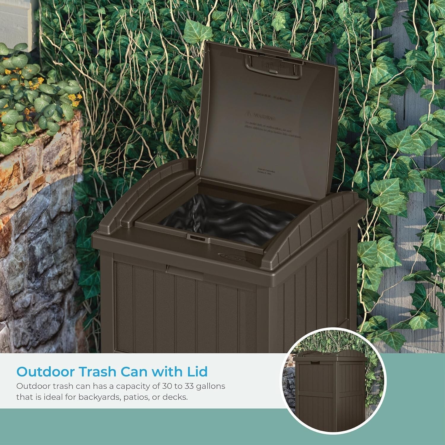 Suncast Trashcan Hideaway Outdoor 33 Gallon Garbage Trash Waste Bin