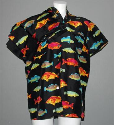 Rare 2-Pc Andrea Jovine Tropical Neon Fish Silk Blouse & Pants Set Wm's 8 NWOT