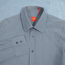 HUGO BOSS ORANGE LABEL Button Up Shirt Mens M Beige Blue Stripe Long Sleeve