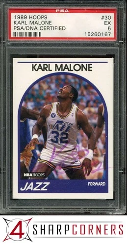 1989 HOOPS #30 KARL MALONE JAZZ HOF POP 4 PSA 5 DNA AUTO
