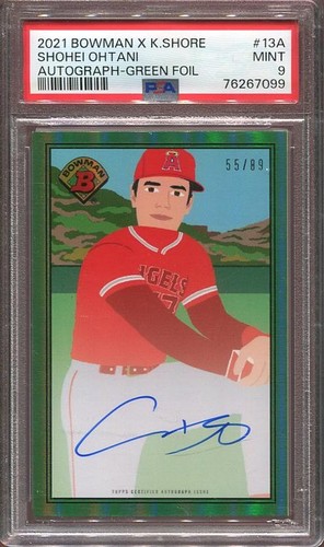 2021 Shohei Ohtani Auto Bowman x K. Shore Green Foil /89 #13-A LA Angels PSA 9