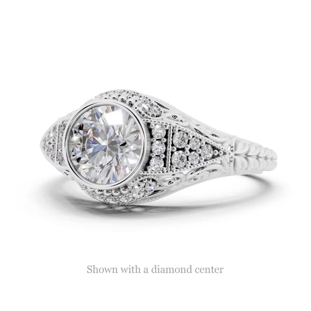 ART DECO ENGAGEMENT MOUNT ROUND BEZEL SET 6MM VINTAGE STYLE