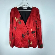 Vintage Holly Harp Womens Red Silk textured Floral Pattern Blazer Jacket Small