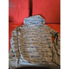 Champion All Over Logo Print Grey Pullover Hoodie Youth Size Large