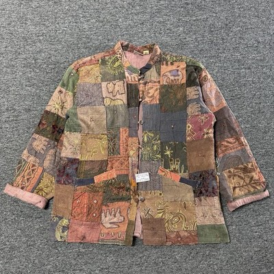 Chicos Design Brown Boho Patchwork Art to Wear Jacket Vintage 90s Sz L/XL Womens