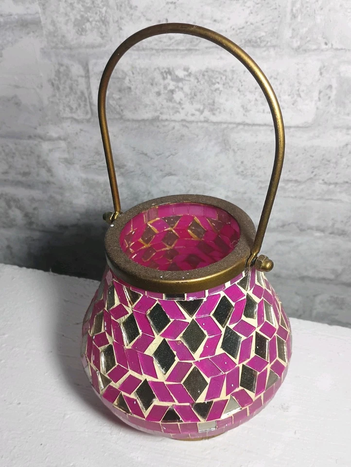 Mirror Glass Mosaic Candle Holder Lantern pink  Globe & Gold Handle - Image 2 of 4