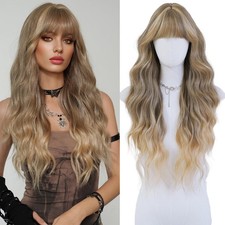 Ash Blonde Ombre Platinum Wigs With Bangs Long Wavy Wig For Women 28 Inches R...