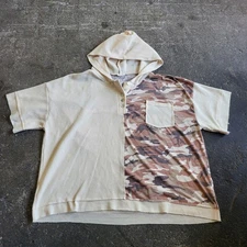 POL Hoodie Shirt Mens L Beige Camo Henley Hooded Short Sleeve Casual Outdoor