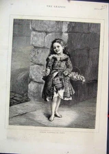 Original Old Antique Print 1875 Spring Flowers Young Girl Carrying Basket 19th