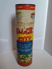 Vintage BLOCK CITY B Plastic Blocks Set w/Canister 1950's Tri-State
