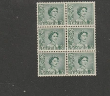 STAMPS AUST PRE DECIMAL 1959  GREEN  QUEEN  COIL  BLOCK OF 6 MUH