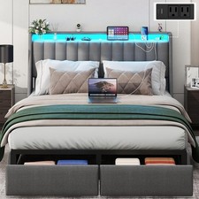 Full Queen Size Bed Frame with Storage Drawers, 2-Tier Storage and LED Headboard