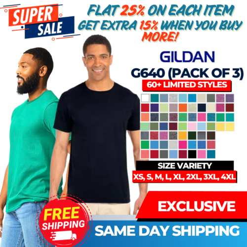 Pack Of 3 GD207 Gildan G640 Mens Short Sleeve Softstyle Cotton Crew-Neck T-Shirt