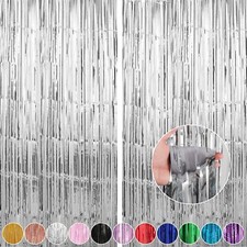 2 Pack 3.3 x 9.9 ft Silver Foil Fringe Backdrop Curtain Streamer Backdrop Cur...