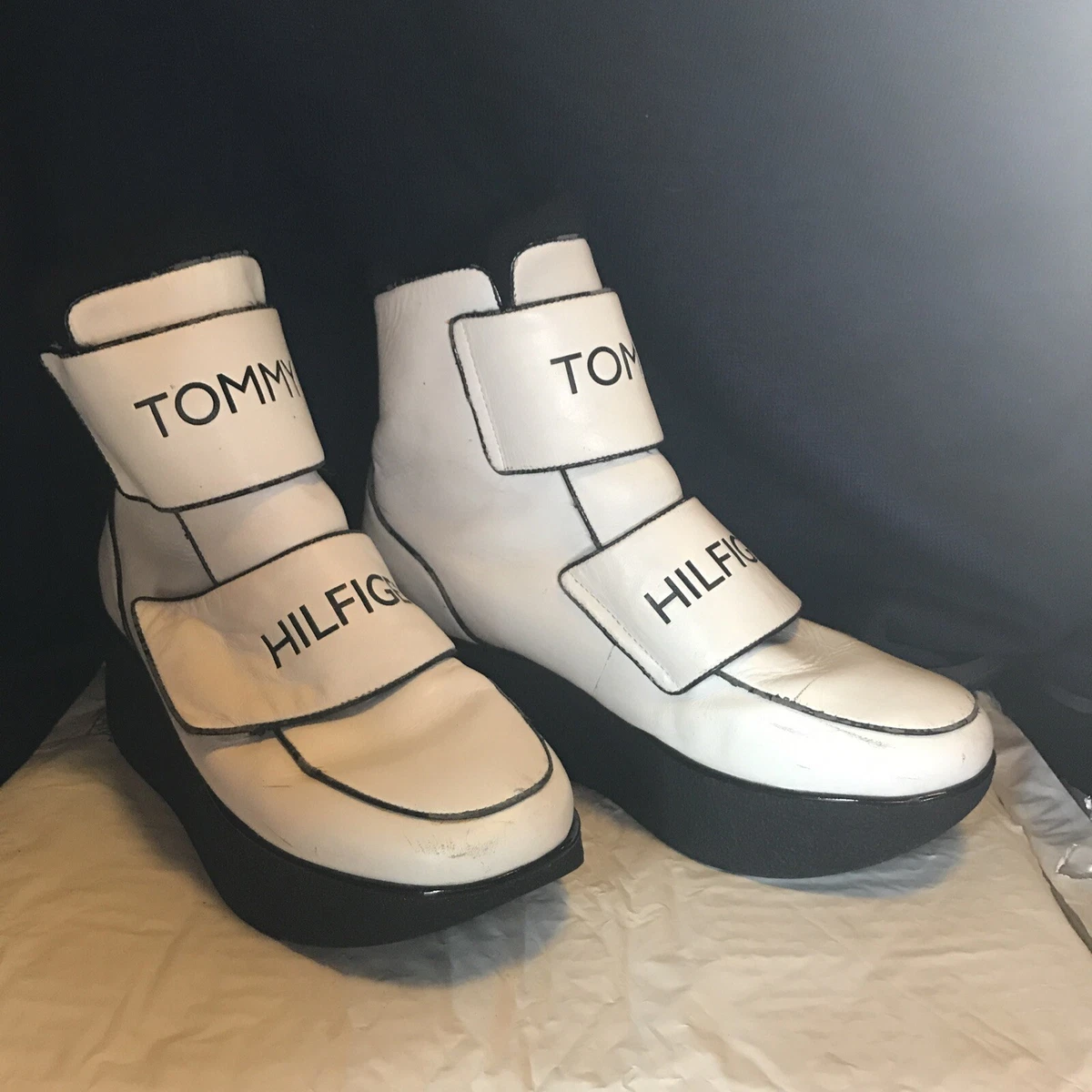 RARE Vintage 90 s Tommy Hilfiger Platform White Leather Boots Vlcro Straps 7.5