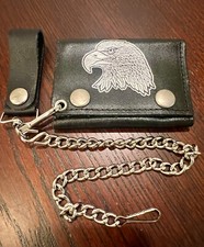 Leather Biker Wallet With Chain Trifold - Eagle Screen Print on the Wallet
