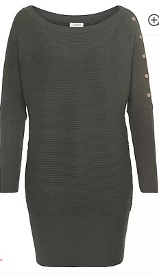 LASCANA Long Knitted Off-Shoulder Sweater Khakhi Green Uk 10-12 Rrp £59 Freemans