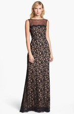 Tadashi Shoji ACZ1212 Illusion Yoke Embroidered Lace Gown Sz 8 Black Nude