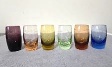 Vintage MCM Etched Glass Shot Glasses Shooters Colored Sonsco Japan