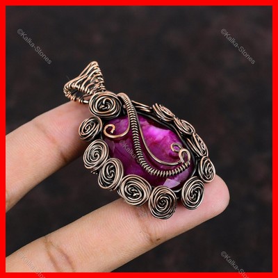 Womens day Sale Natural Kashmir Rubi Copper Wire Wrapped Flower Wedding Pendant