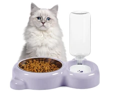 Food and Water Bowl with Water Dispenser for Dog and Cat Purple