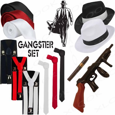 NEW GANGSTER HAT BRACES TIE CIGAR TOMMY GUN 5 PIECE 1920/'S FANCY DRESS COSTUME