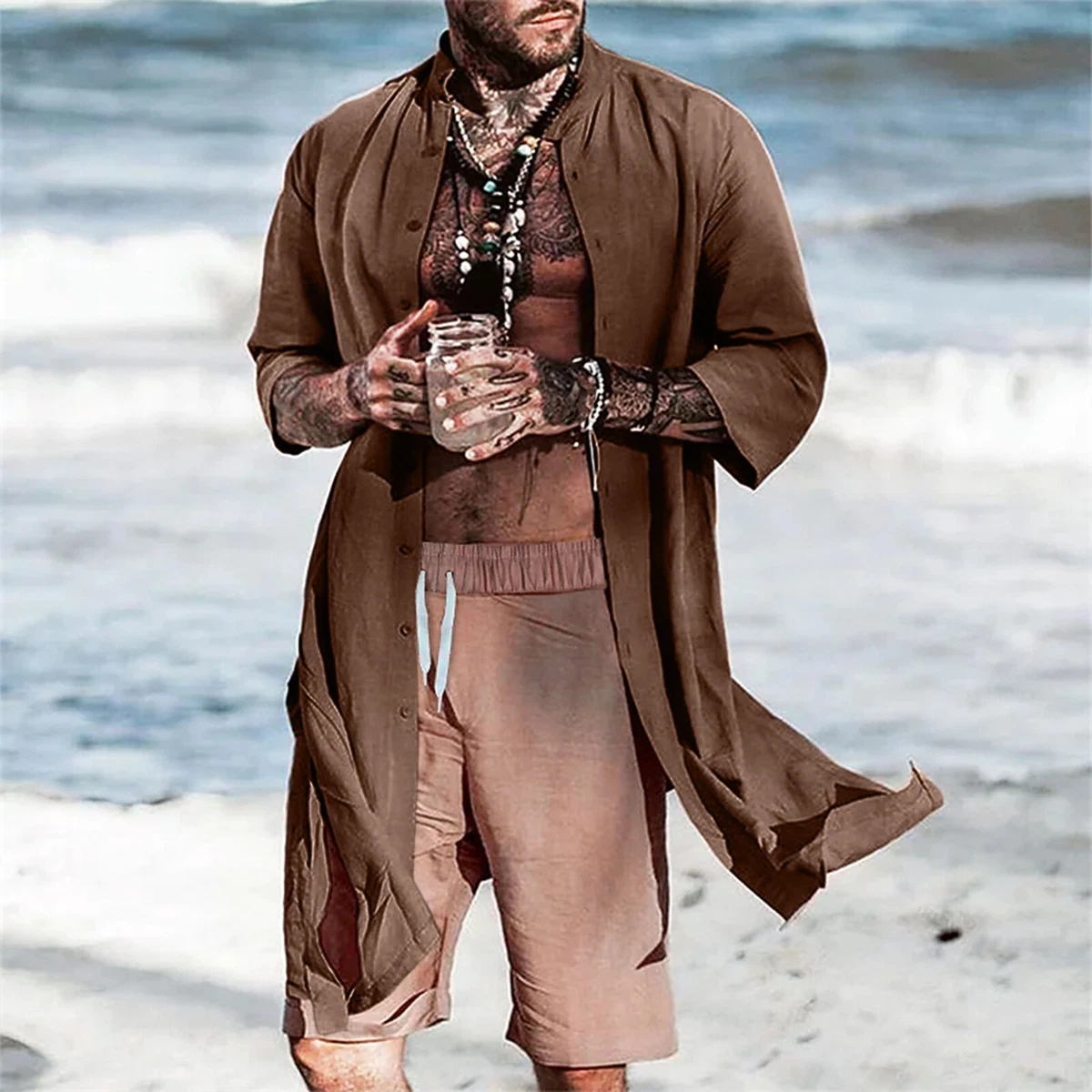 Casual Men Cardigan Long Sleeve Cotton Linen Shirt Cloak Button