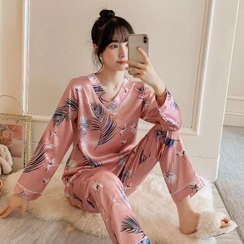 Women's Ladies Satin Floral Pyjamas Sleepwear Soft Nightwear Silk Pjs  Pyjama Set