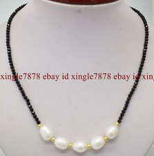 Natural 3mm Faceted Black Spinel Gems White Freshwater Rice Pearl Necklace 20"
