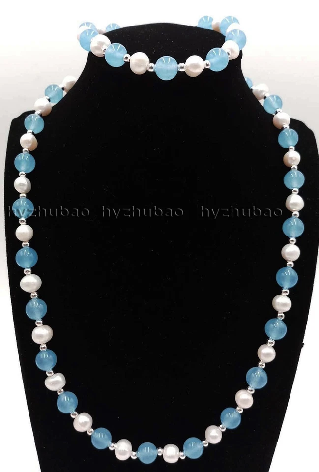 25" 36" 7-8mm White Pearl &8mm Round Gemstones Beads Necklace +Bracelet 7.5" Set - Изображение 4 из 4