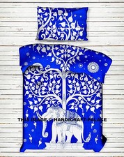 Twin Size Bohemian Bedding Set Elephant Tree of Life Reversible Blue Duvet Cover