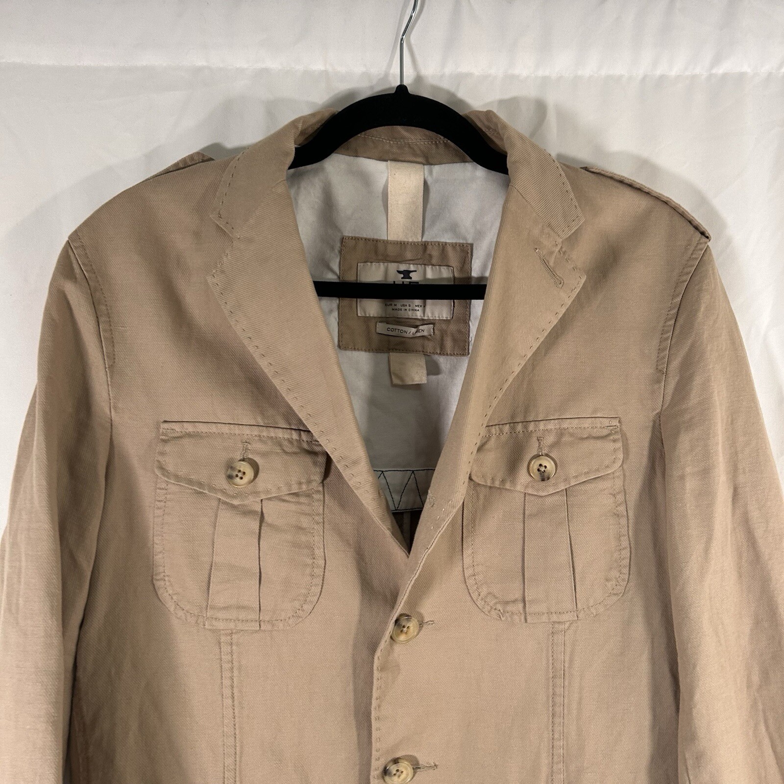 H.E. by Mango Linen Blend Jacket Women's Small Beige Button Up Front Pockets thumbnail 2