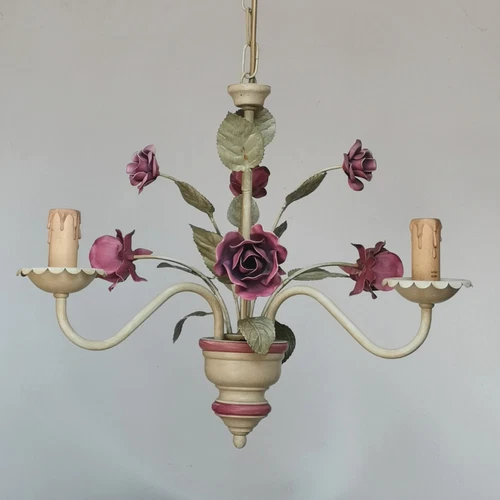 VINTAGE TOLE CHANDELIER CHARMING ROMANTIC CEILING LIGHT 3 ARMS FLOWERS ROSES
