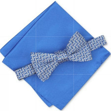 Alfani Bow Tie Pocket Square Set Men's Blue Silver Formal Wedding Prom New Gift