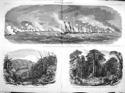 Antique Old Print 1863 New Zealand Kagosima Japan Ships Pearl Argus Havoc 19th