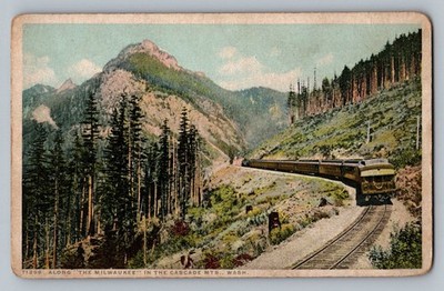 Phostint Milwaukee Road Train Cascade Mountains Washington Postcard c1910