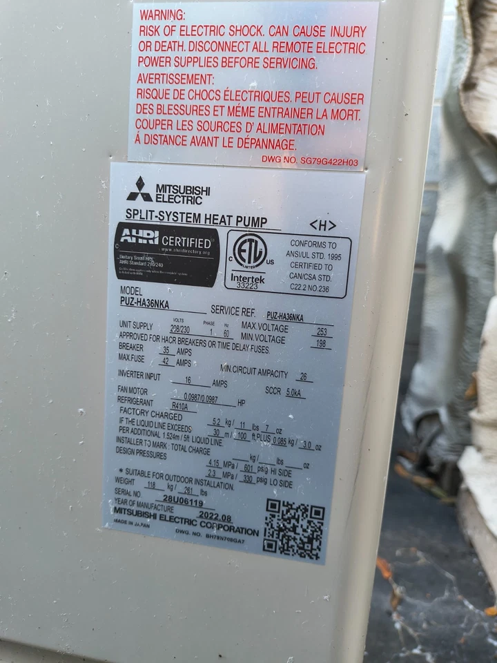 Mitsubishi Electric 3 Ton Split System Heat Pump PUZ-HA36NKA (R410a) - Image 3 of 3