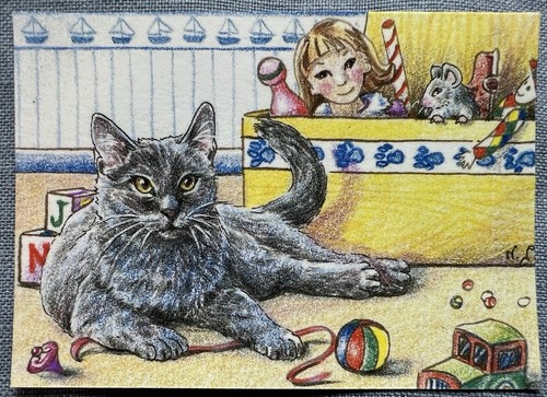 ACEO Art PRINT Tabby Cat “The Toy Box” Artist Nicole Jahon 2007 A.P. 2007
