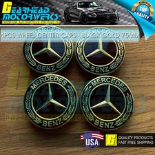 4 Mercedes-benz Black Gold Wheel Center Caps Emblem 75mm Amg Laurel Wreath Hub