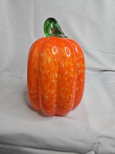 NICE! Vtg Hand Blown Glass Orange Pumpkin Green Stem 9"x 6" Fall Halloween - Picture 4 of 7