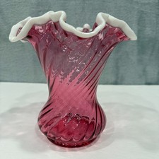 Fenton Cranberry Swirl Glass Vase White Ruffle Rim Hand Blown 7" Art Vintage