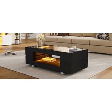Hollow Coffee Table With High Gloss, With LED and Glass Tabletop, 100x50x35cm