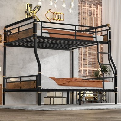 Full XL Over Queen Metal Bunk Bed Frame Convertible Into Two Single Bed Black US