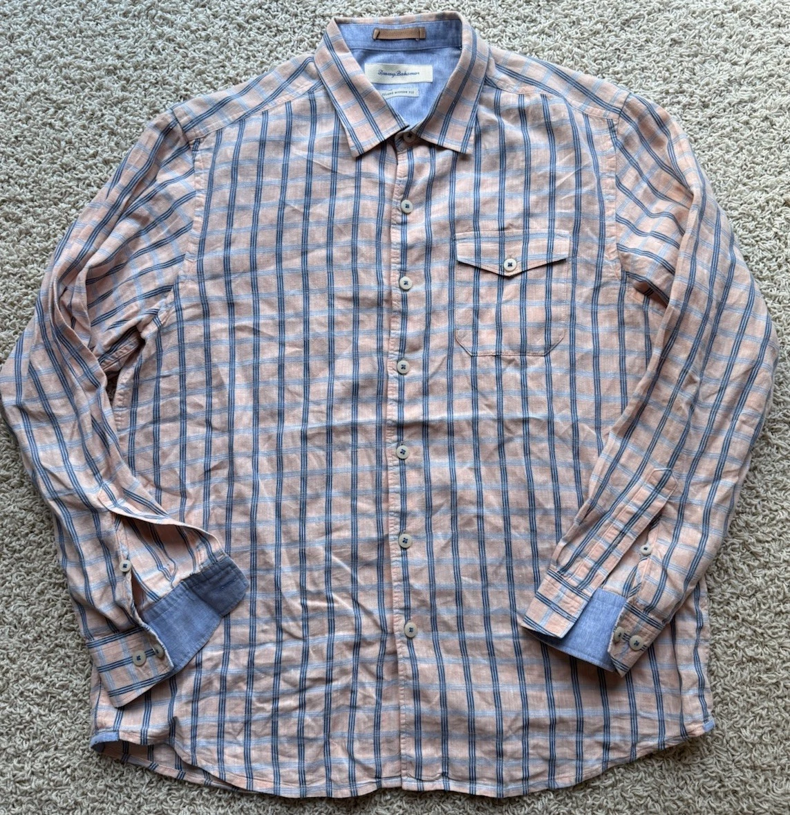 Men’s Tommy Bahama Orange Check Linen Blend Button Down Shirt Size L