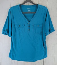 Croft Barrow Size Large Womens Blue V Neck Button Short Sleeve Top