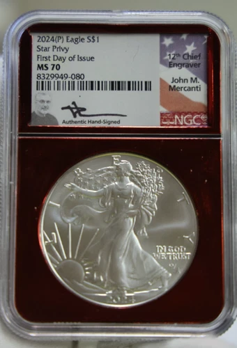 2024 (P) US Silver Eagle Star Privy NGC MS70 FDOI Mercanti Signed