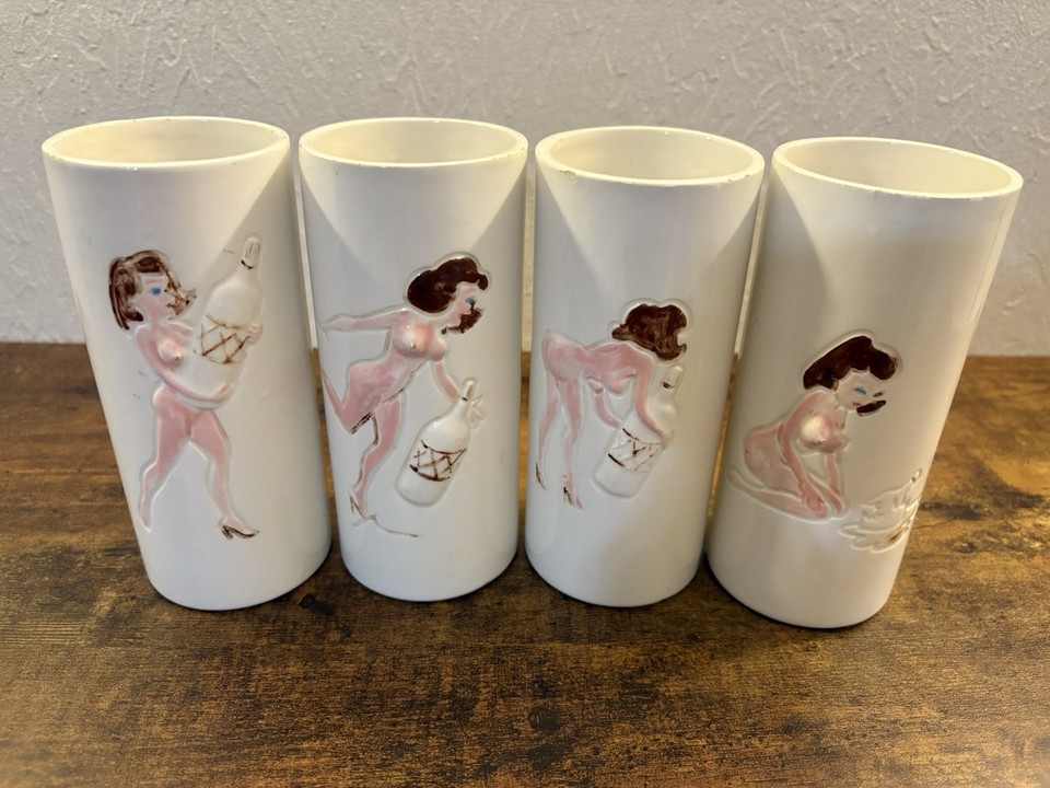 Three 1970s 3D ceramic nude lady drinking glasses — unabashedly kitschy, genuinely rare, and guaranteed to be the most talked-about thing in any bar cabinet.