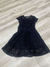 Womens Black Lace Fit Flare Skater Dress Size M Short Sleeve Cocktail Party 0193