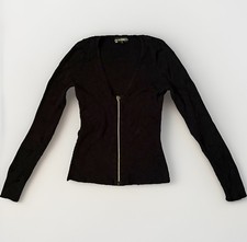 GUESS Black Ribbed Knit V-Neck Long Sleeve Full Zip Sweater Womens S